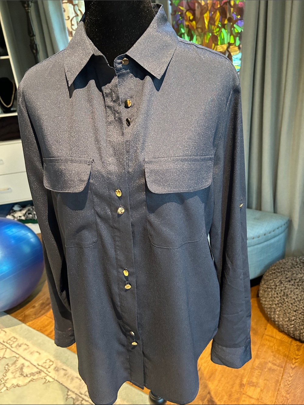 Ivanka Trump Navy Long-Sleeve Button Front Blouse